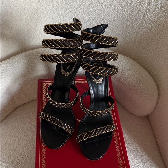 Rene Caovilla Shoes - Rene Caovilla Black and Gold Strappy Heels